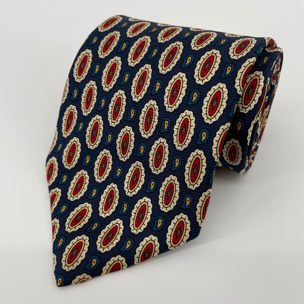 Brooks Brothers Makers Men's Silk Tie Navy Blue Red Geometric Medallion Paisley